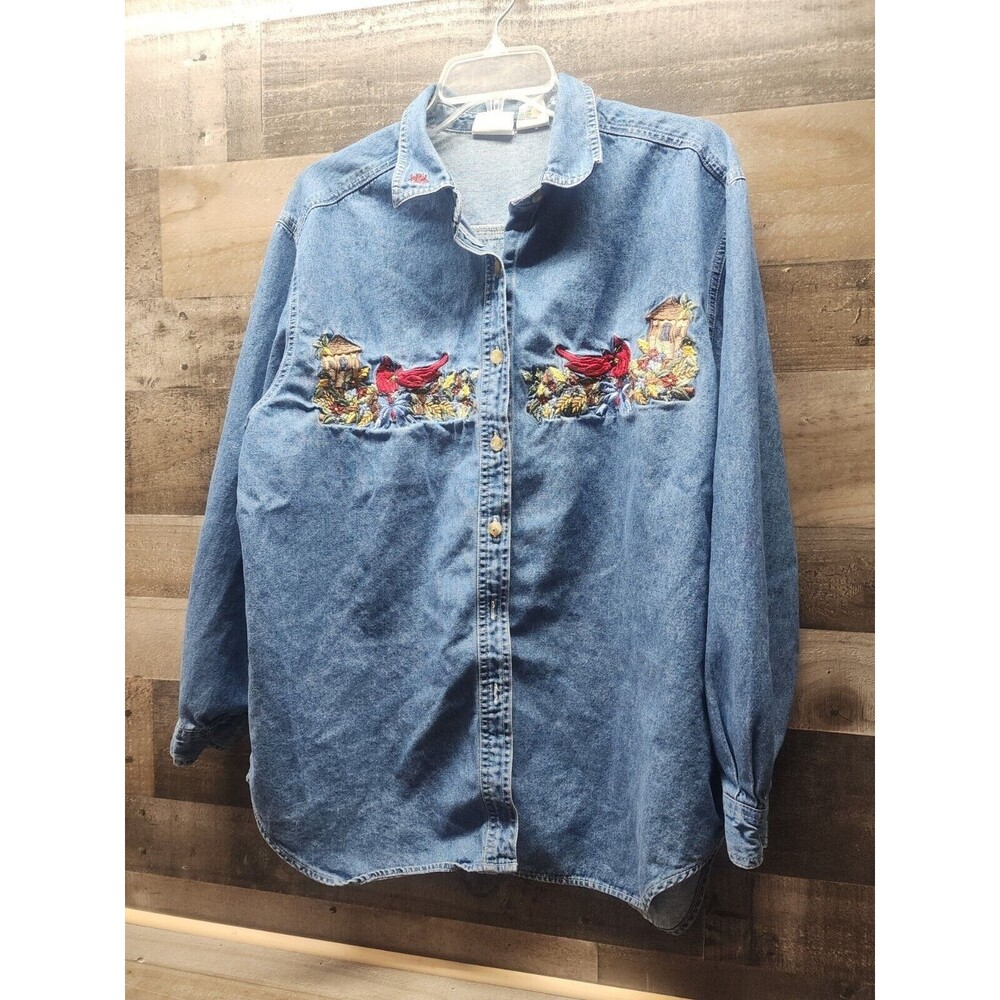 Womens Long Sleeve Denim Shirt Sz L Christmas Holiday Winter ,